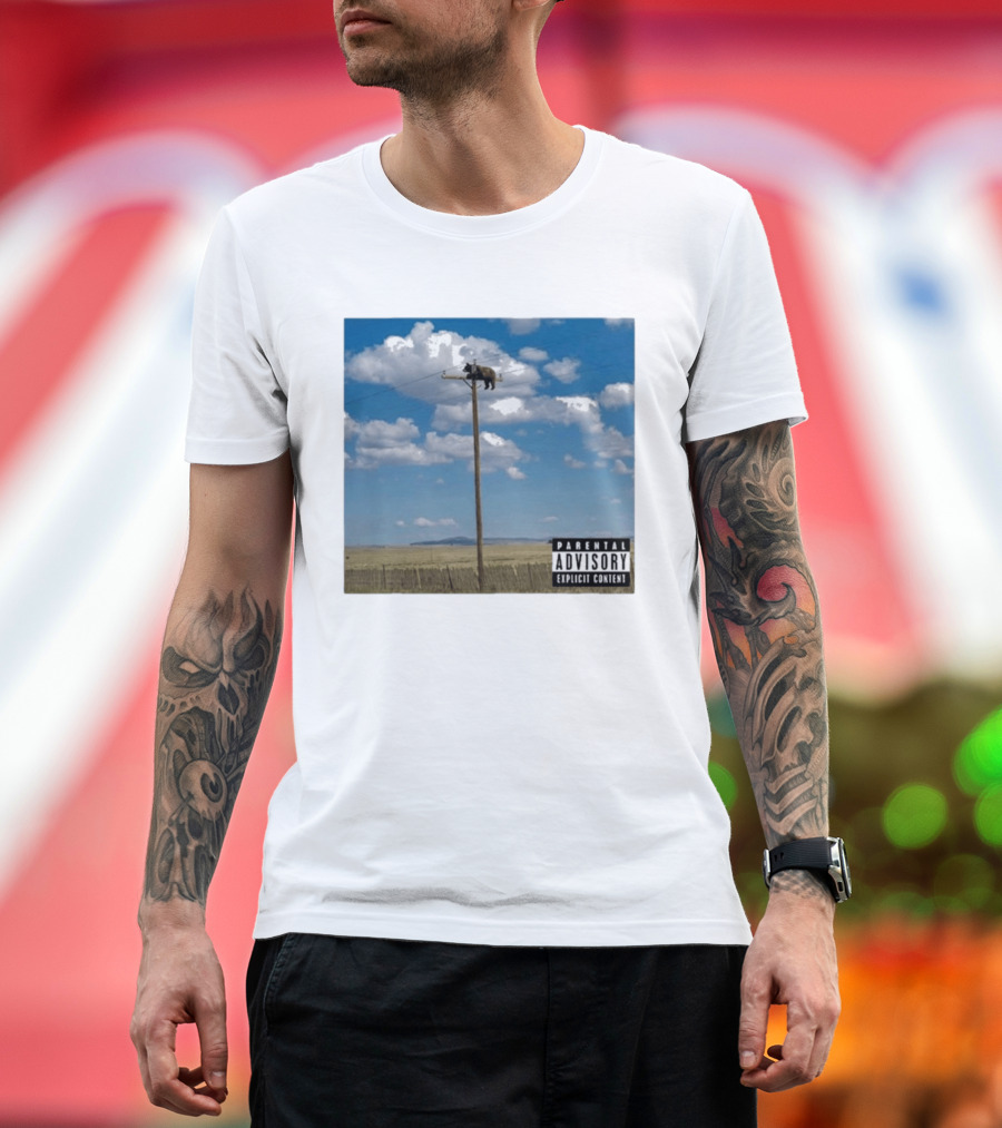 Bear On Top Of The Light Pole Parental Advisory Explicit Content Clouds Sky T-Shirt