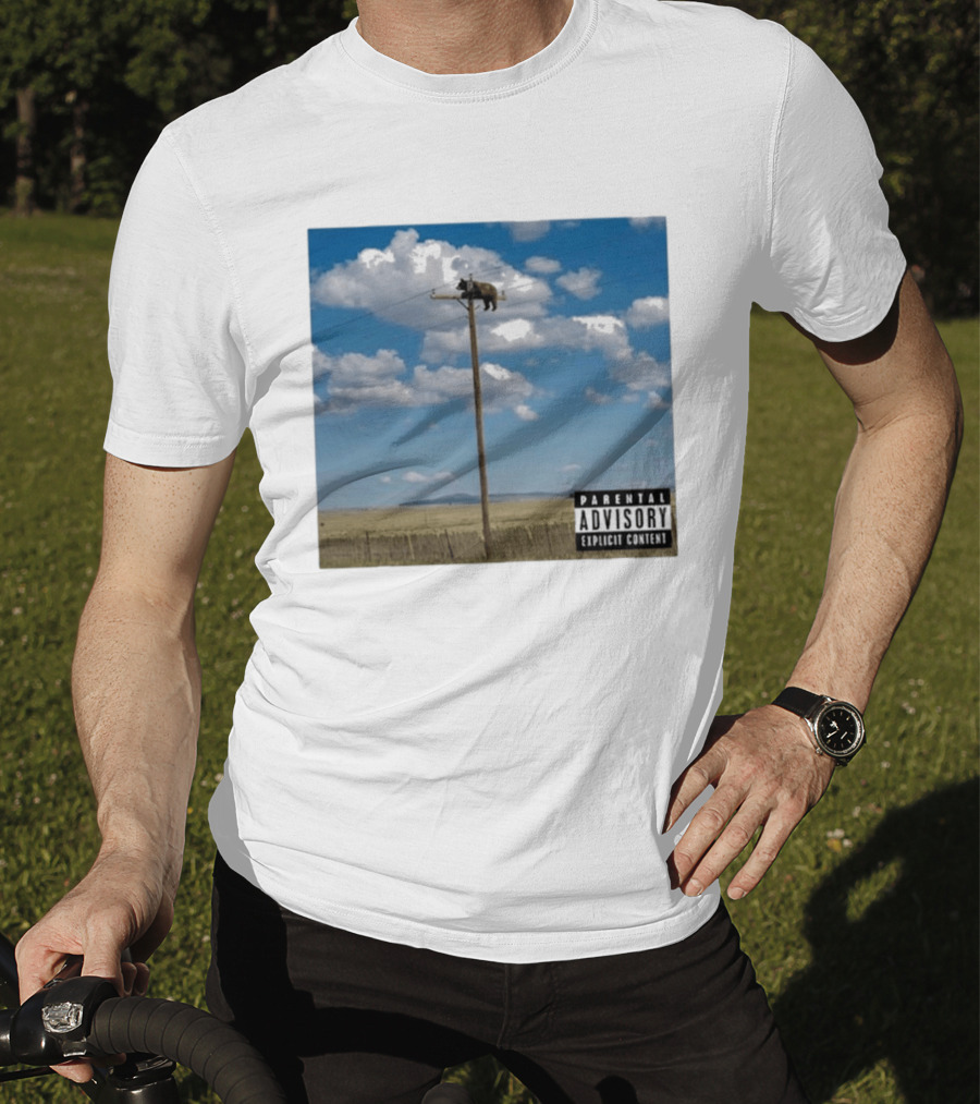 Bear On Top Of The Light Pole Parental Advisory Explicit Content Clouds Sky T-Shirt