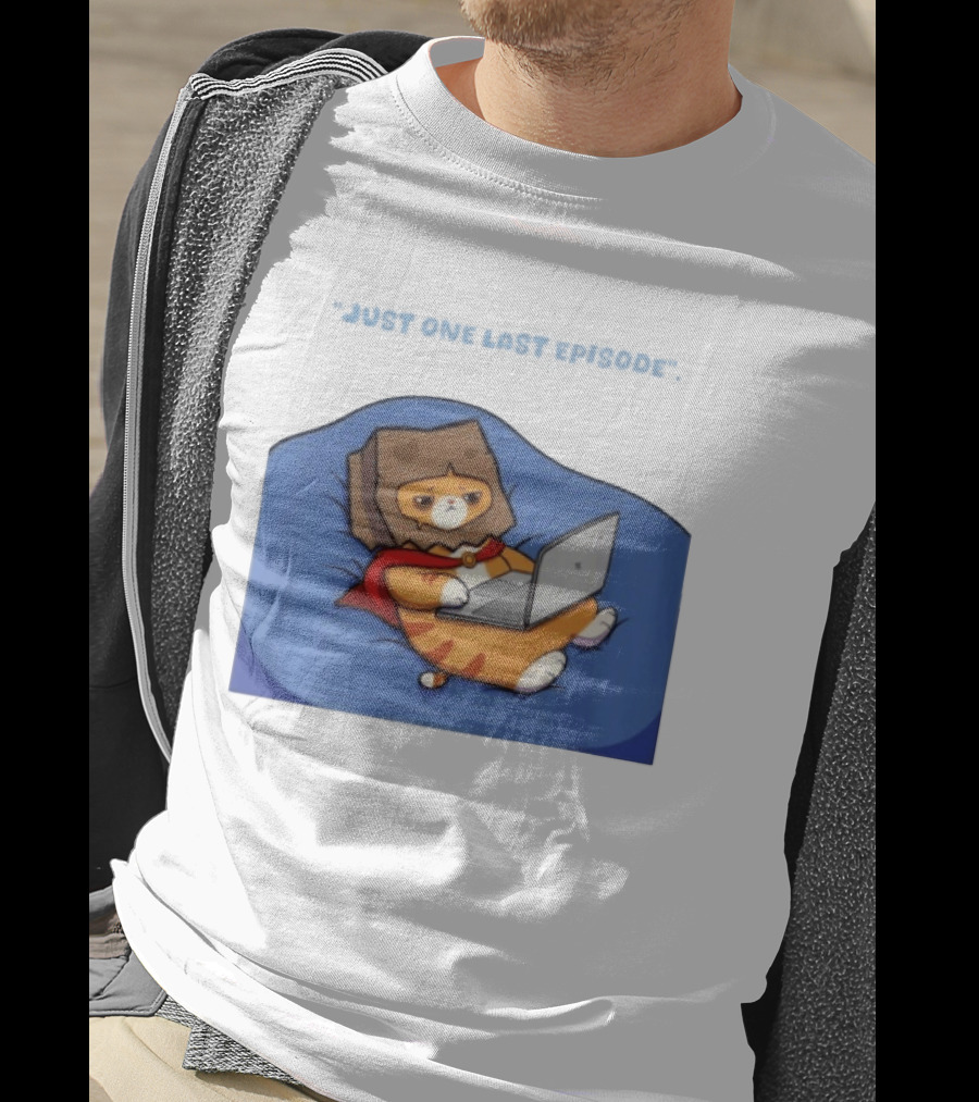 Cat Relaxing With Laptop Wearing Paper Bag Just One Last Episode T-Shirt