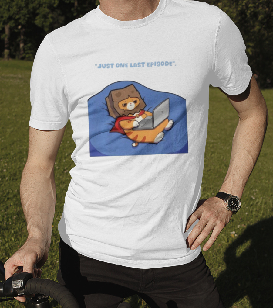 Cat Relaxing With Laptop Wearing Paper Bag Just One Last Episode T-Shirt