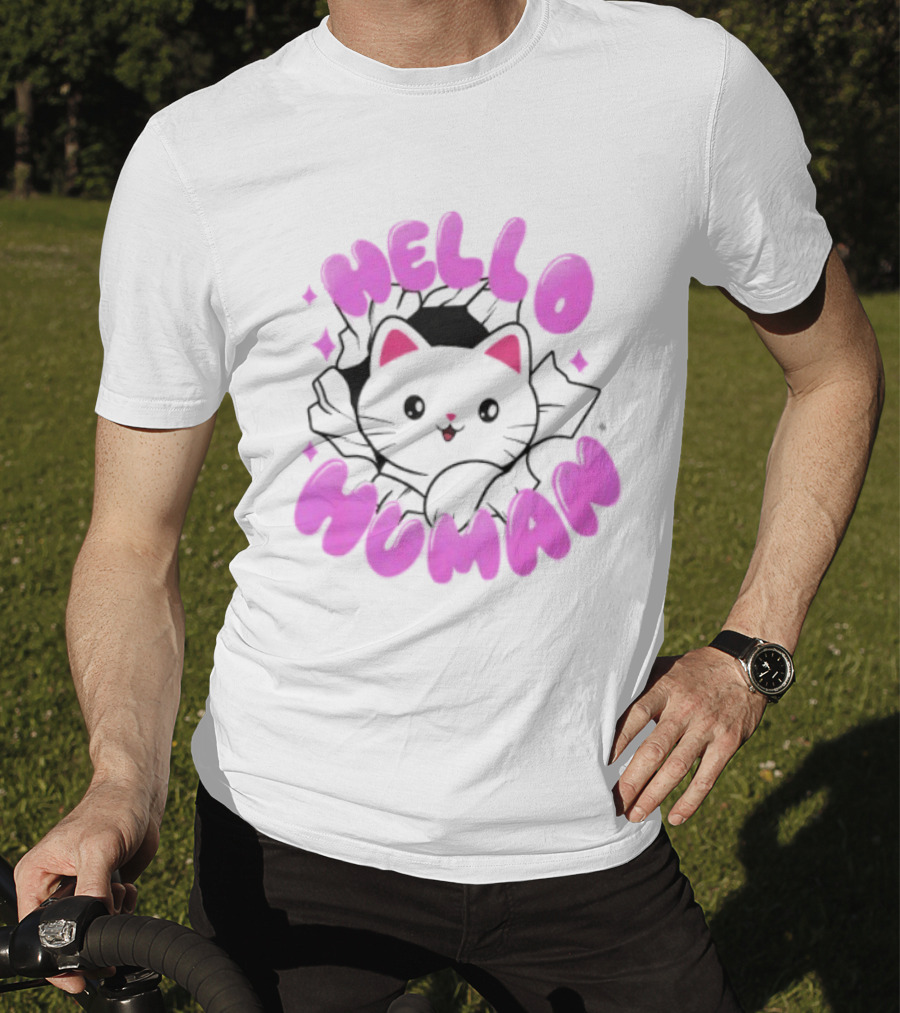 Hello Human Kawaii Cat Kitten Cute Pink T-Shirt