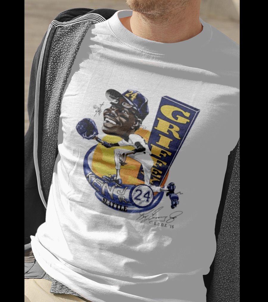Ken Griffey Jr 24 Seattle Baseball Caricature Bruce Stark Signature T-Shirt