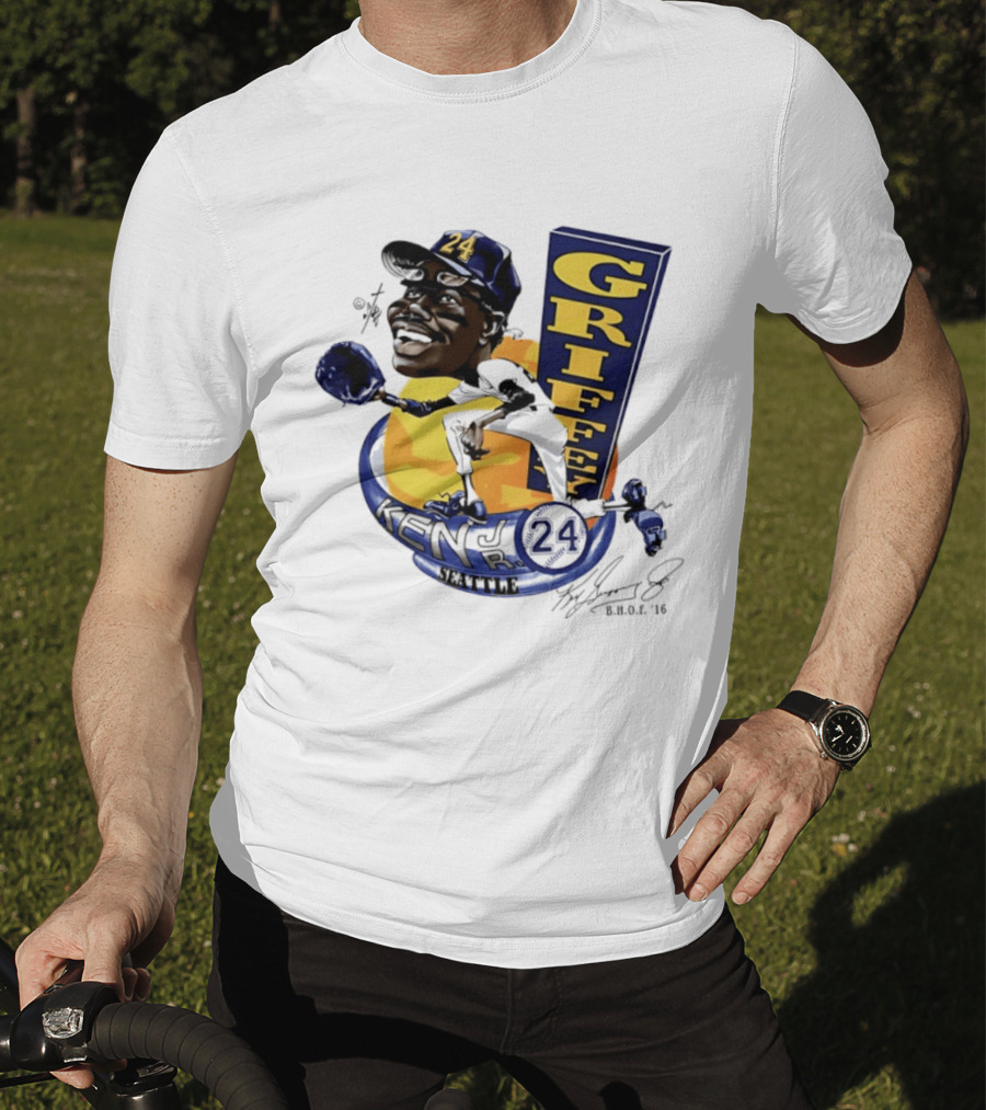 Ken Griffey Jr 24 Seattle Baseball Caricature Bruce Stark Signature T-Shirt