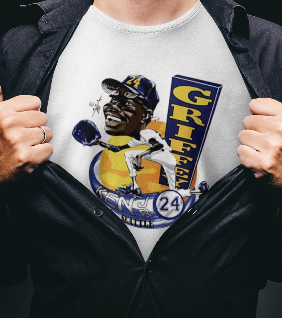 Ken Griffey Jr 24 Seattle Baseball Caricature Bruce Stark Signature T-Shirt