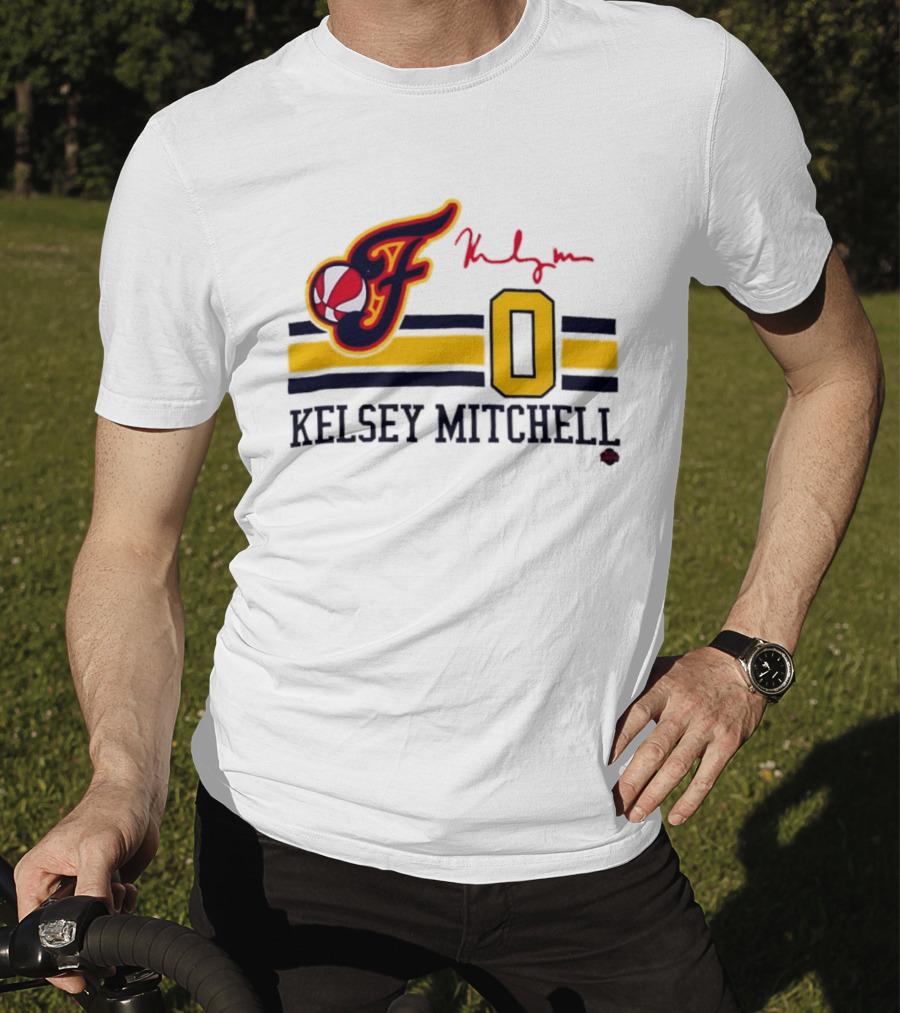 Kelsey Mitchell Indiana Fever No. 0 F Logo And Signature T-Shirt