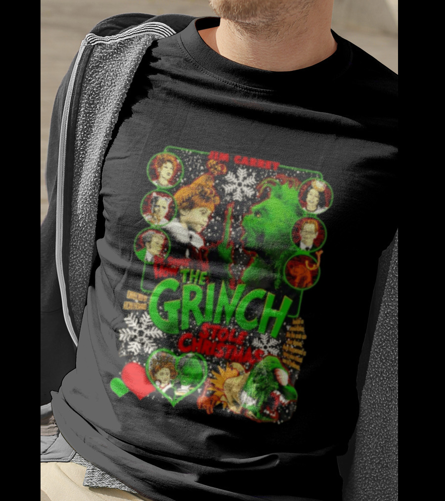 Jim Carrey Dr Seuss How The Grinch Stole Christmas Movie With Characters And Snowflakes T-Shirt