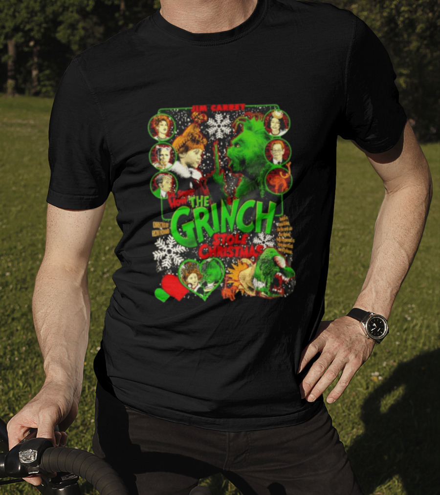 Jim Carrey Dr Seuss How The Grinch Stole Christmas Movie With Characters And Snowflakes T-Shirt