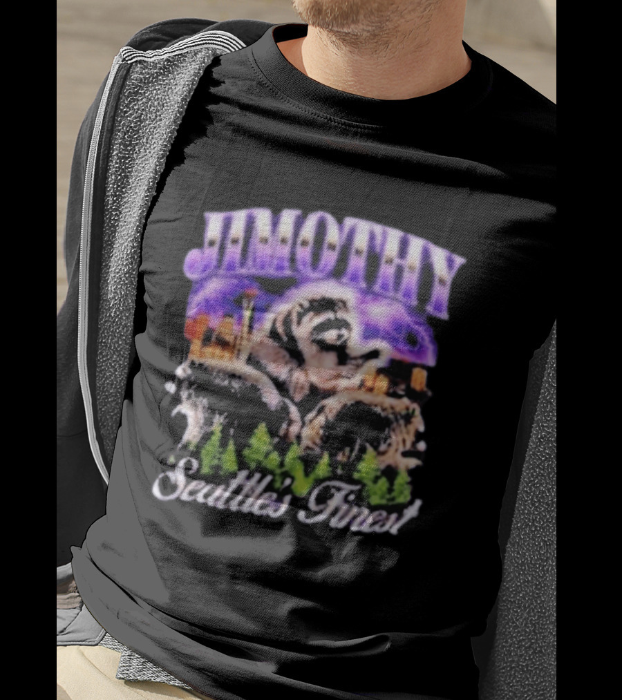 Jimothy Raccoon Seattle Skyline Adventure Forest Scene T-Shirt