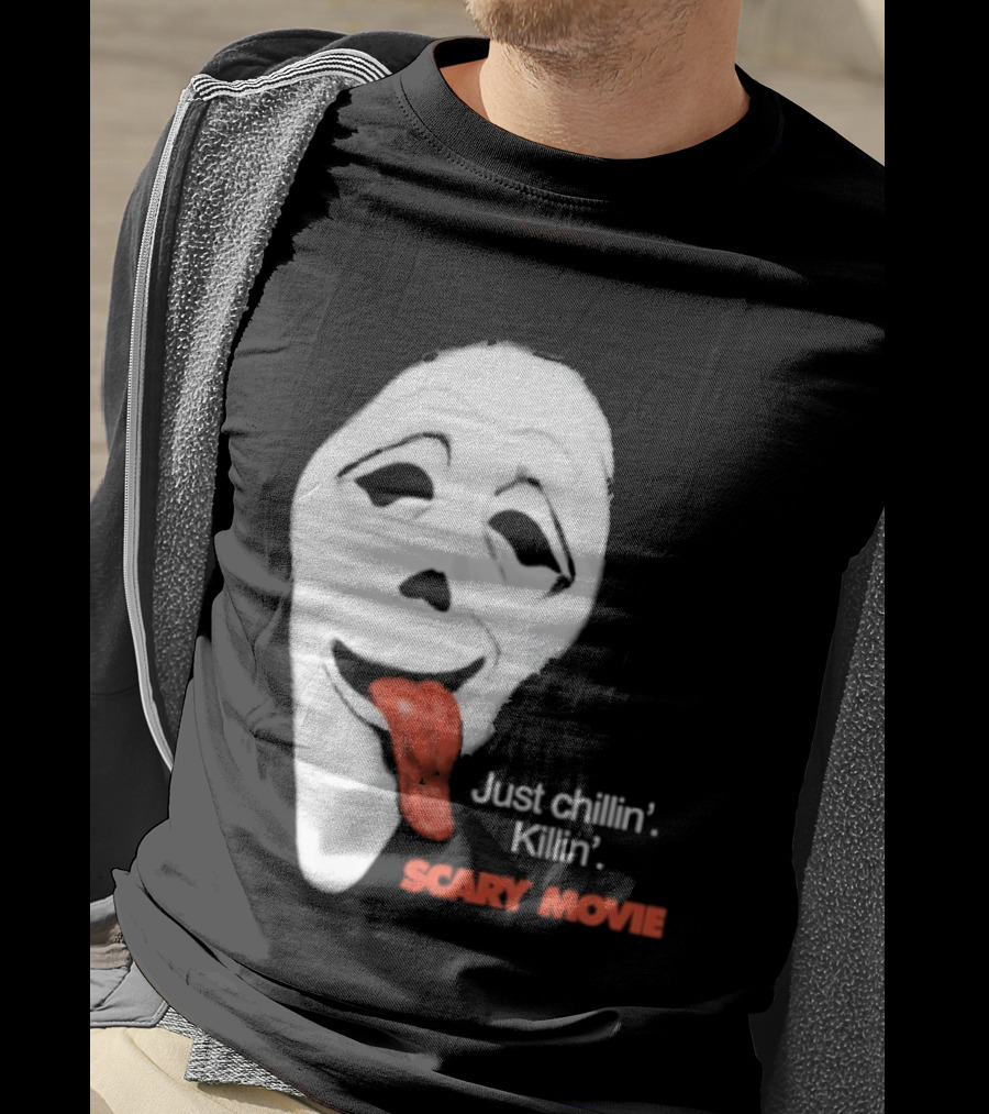 Just Chillin' Killin' Scary Movie Ghostface Mask With Red Tongue T-Shirt