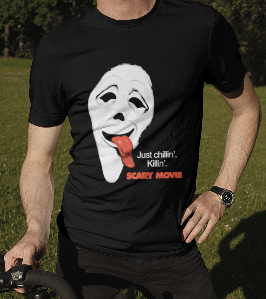 Just Chillin' Killin' Scary Movie Ghostface Mask With Red Tongue T-Shirt