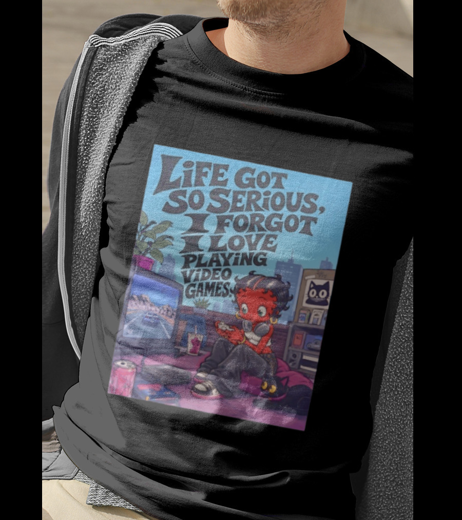 Life Got So Serious I Forgot I Love Playing Video Games City Room Scene Retro Character And Cat T-Shirt