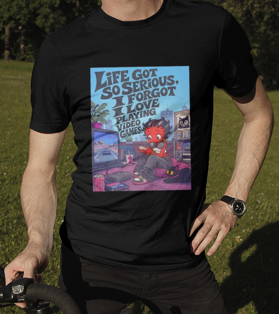 Life Got So Serious I Forgot I Love Playing Video Games City Room Scene Retro Character And Cat T-Shirt