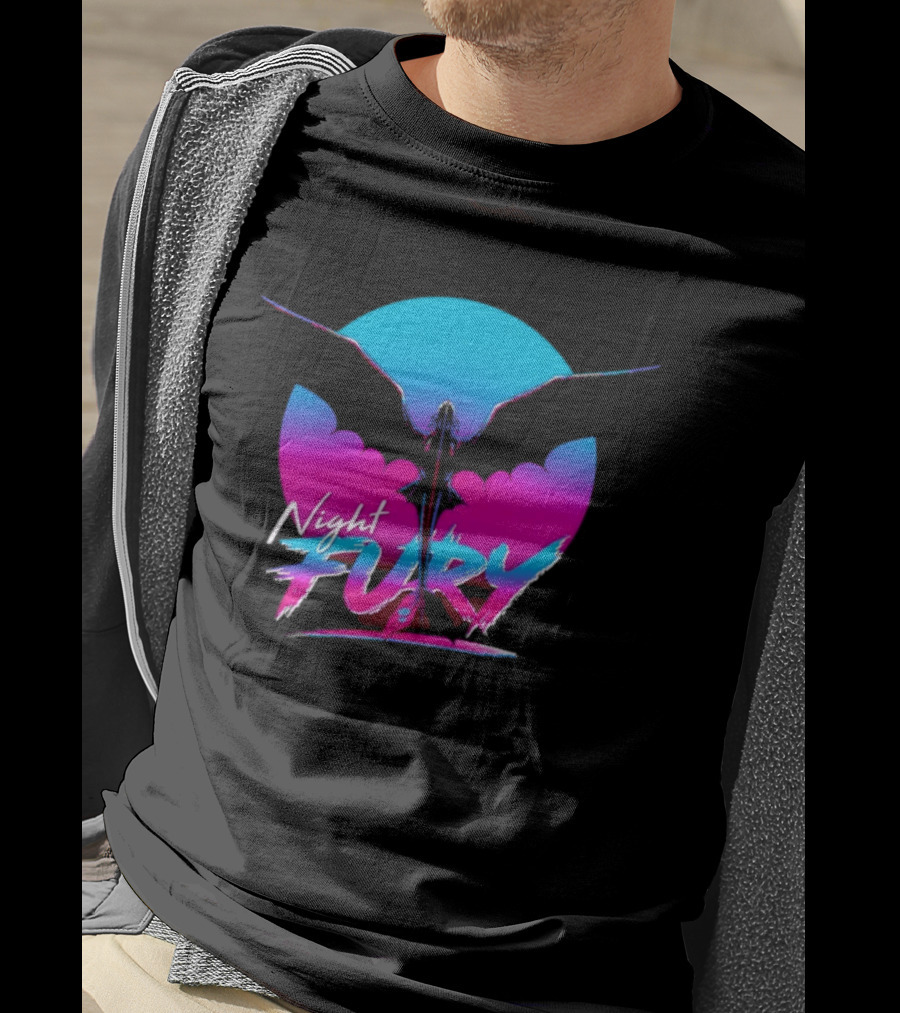 Night Fury Dragon Silhouette Neon Blue And Pink T-Shirt
