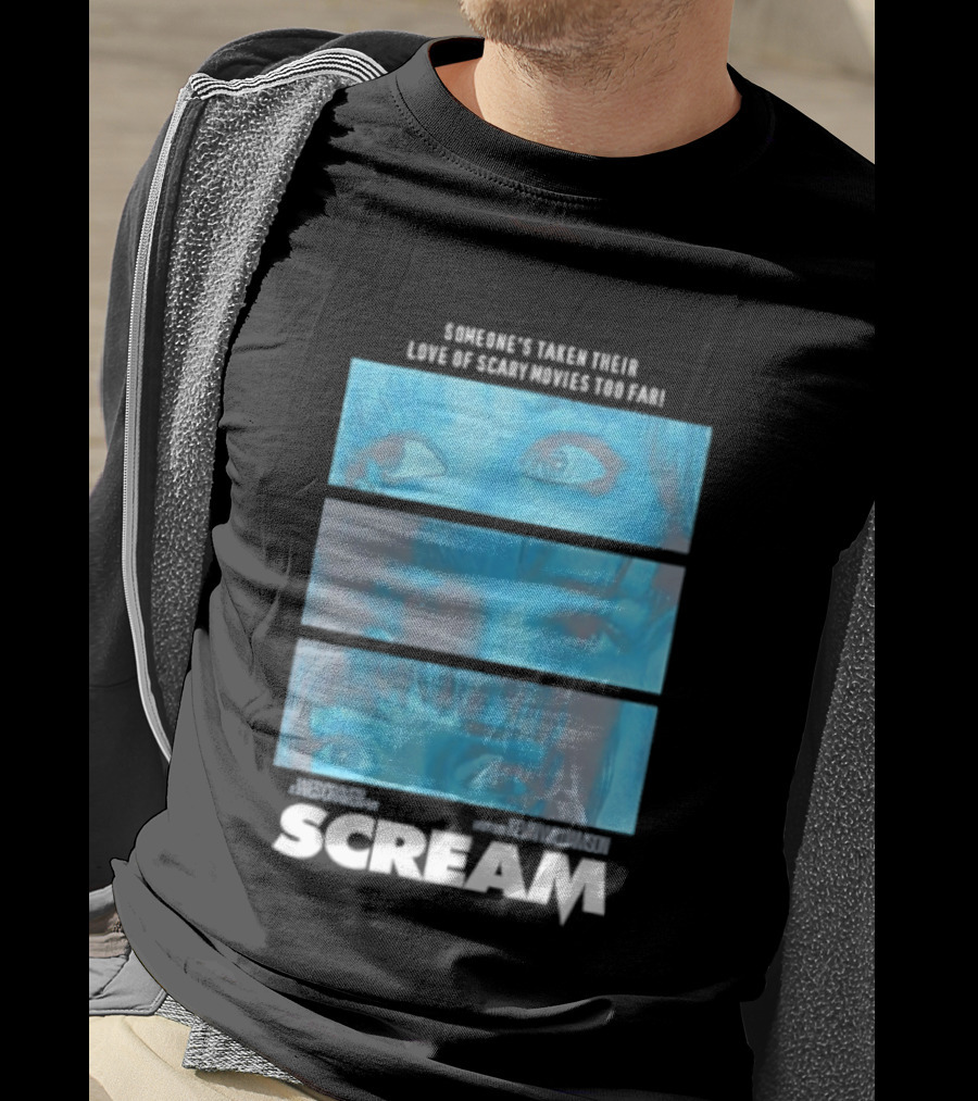 Someone's Taken Their Love Of Scary Movies Too Far Scream Eyes Dramatic Blue Panels T-Shirt