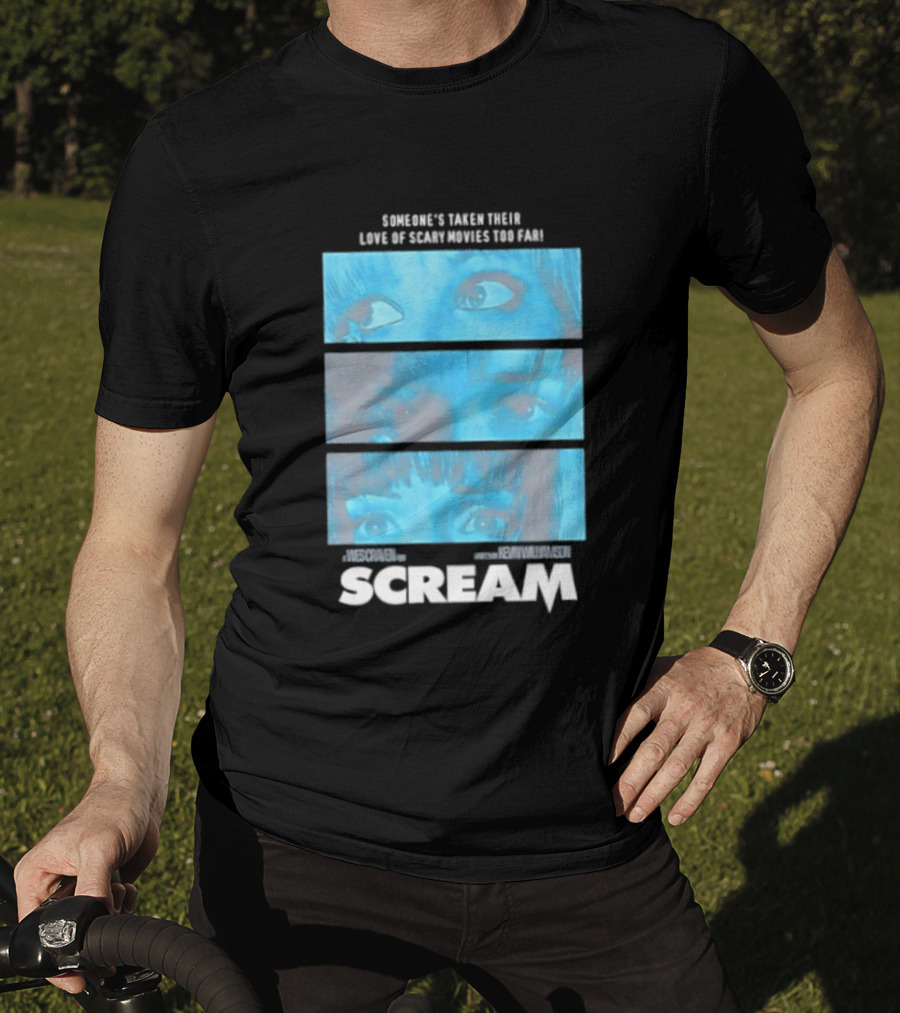 Someone's Taken Their Love Of Scary Movies Too Far Scream Eyes Dramatic Blue Panels T-Shirt