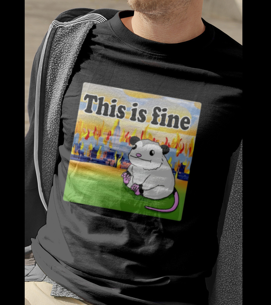 This Is Fine Opossum New York City NYC Urban Skyline Flames T-Shirt