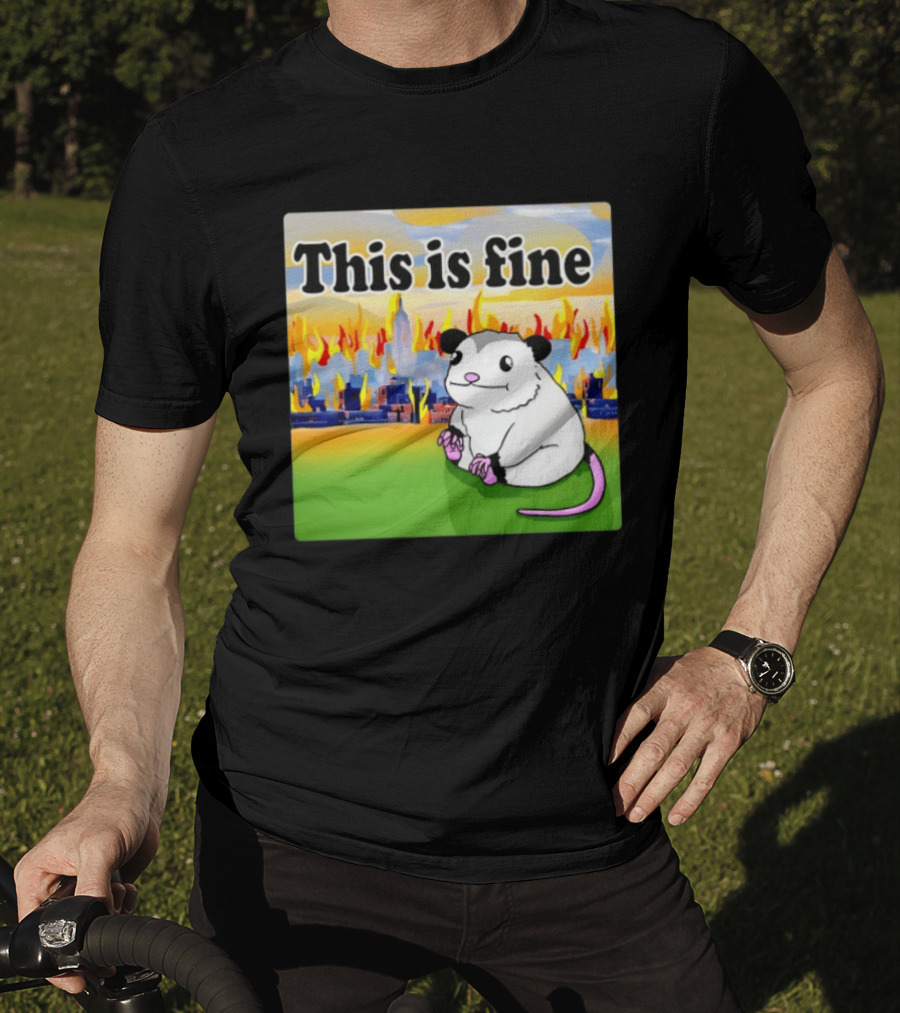 This Is Fine Opossum New York City NYC Urban Skyline Flames T-Shirt
