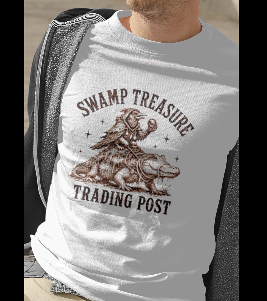 Swamp Treasure Trading Post Raven And Alligator Adventure Scene T-Shirt