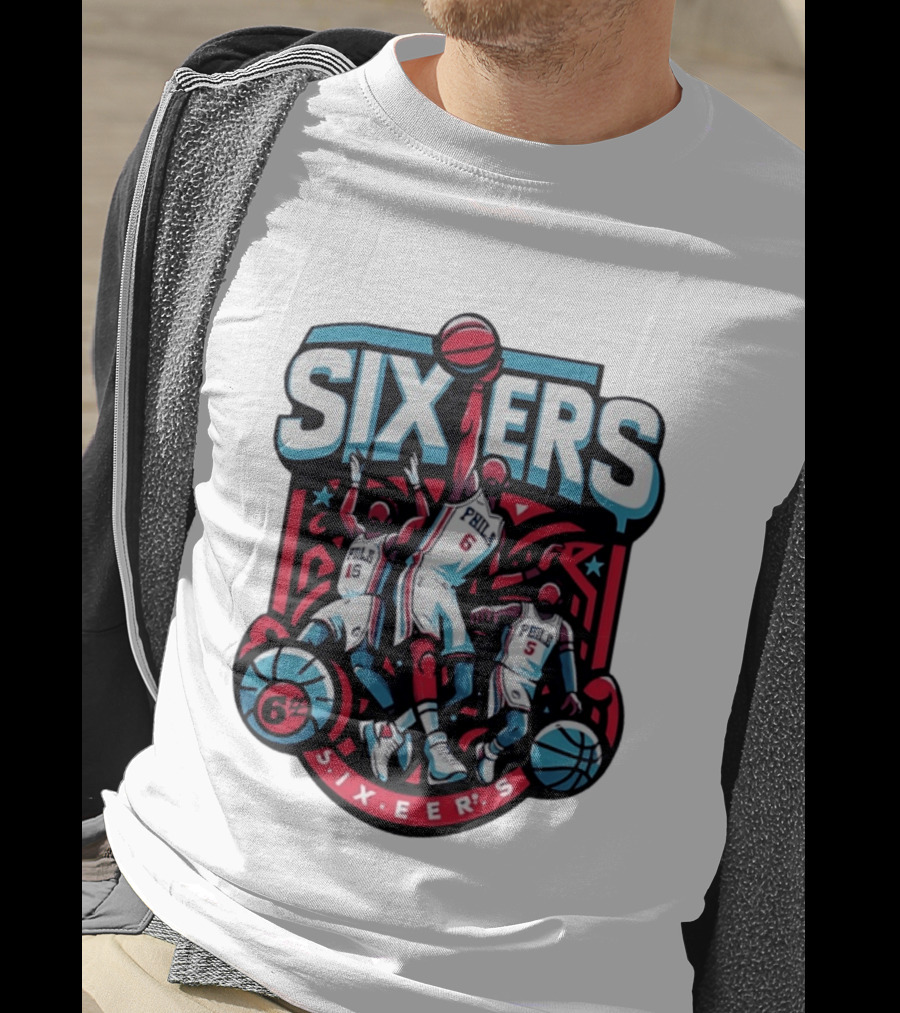 Philadelphia Sixers 2026 NBA Collage Featuring Number 6 Phila Basketball Player T-Shirt