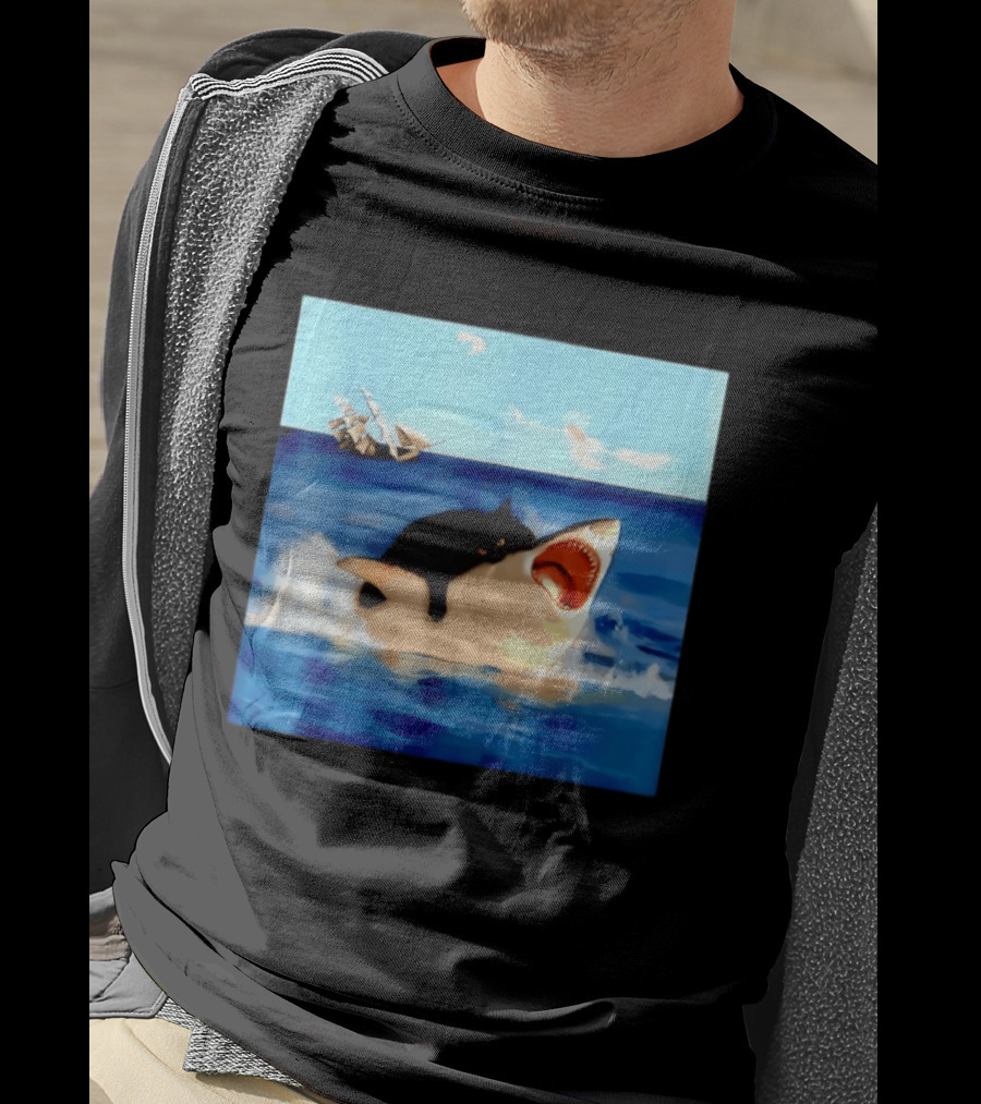 Black Cat Riding Great White Shark With Ocean And Sailing Ship T-Shirt