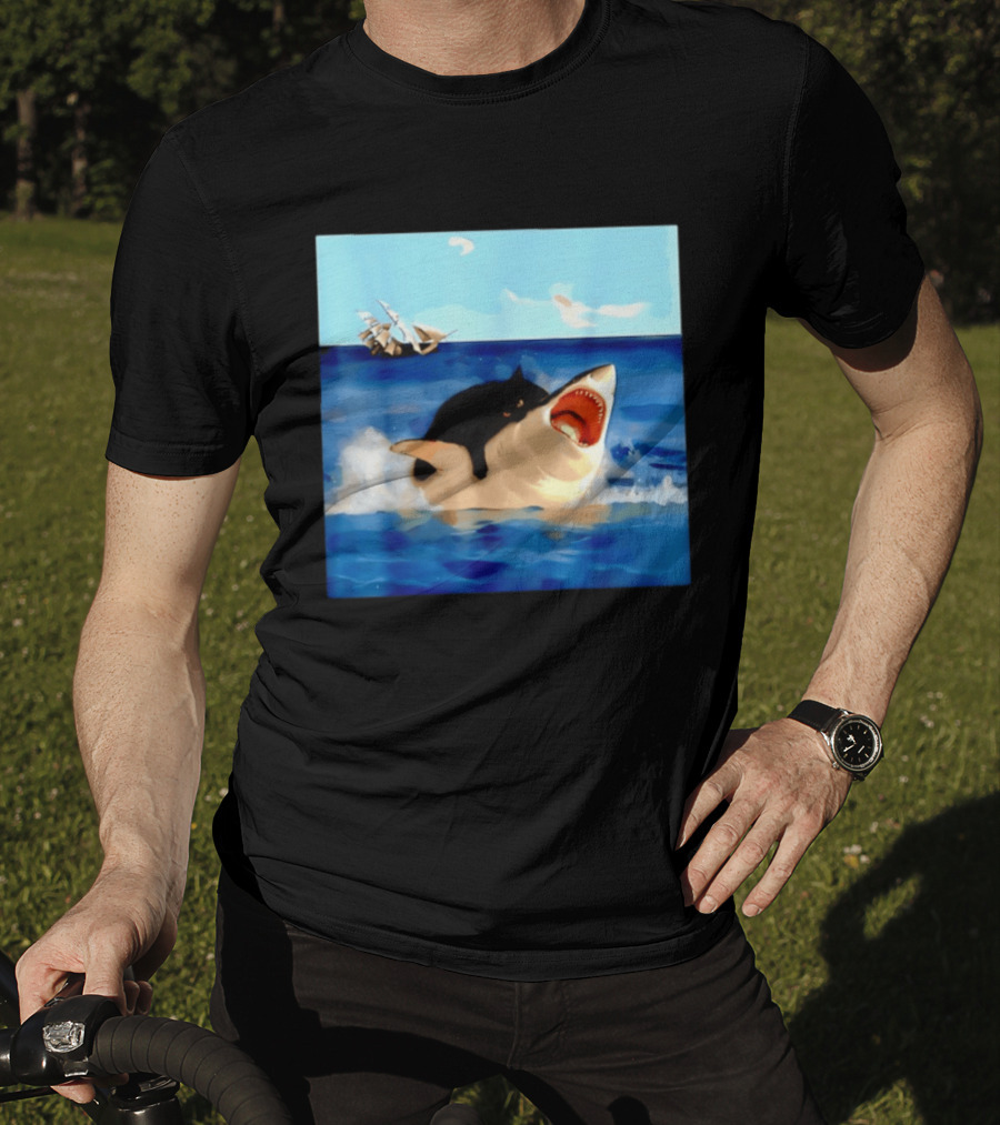 Black Cat Riding Great White Shark With Ocean And Sailing Ship T-Shirt