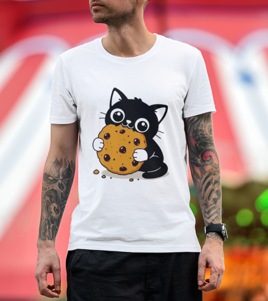 Black Cat Holding Chocolate Chip Cookie T-Shirt