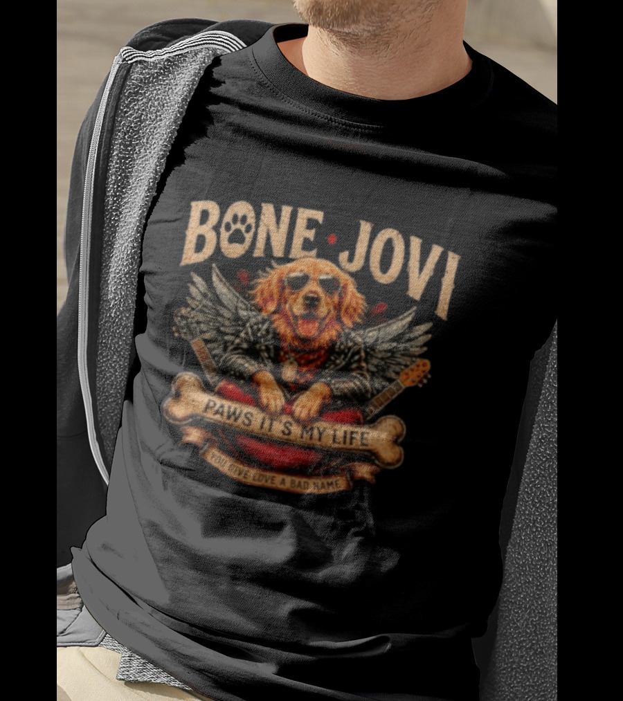 Bone Jovi Paws It's My Life You Give Love A Bad Name Golden Retriever Wings Guitar T-Shirt