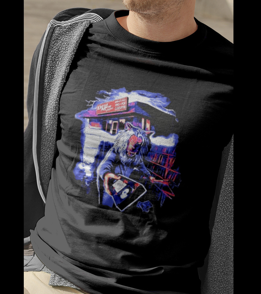 Dead Meat Video Rentals And Sales VHS VCR Cassette Wolf Horror Shop Scene T-Shirt