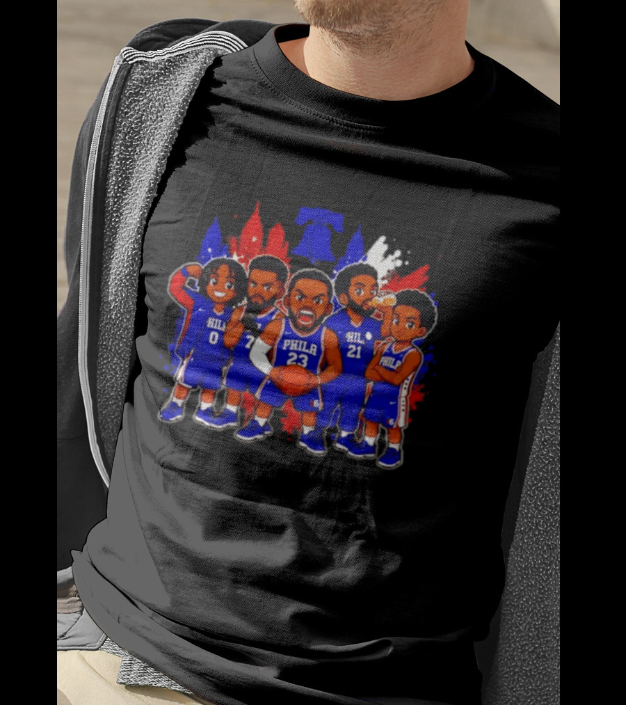 Philadelphia 76ers Cartoon Players With Liberty Bell Skyline T-Shirt