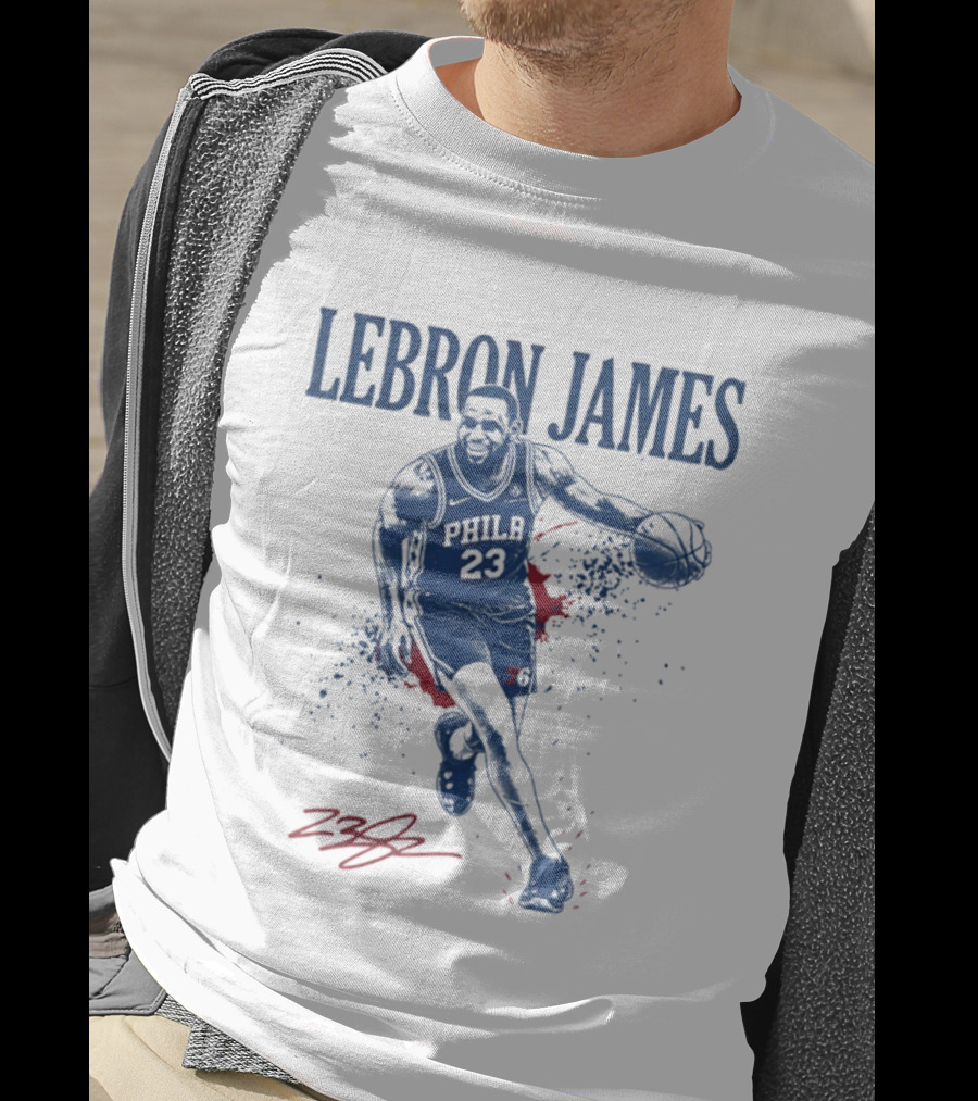 LeBron James 23 Philly Basketball Blue And Red Splash T-Shirt