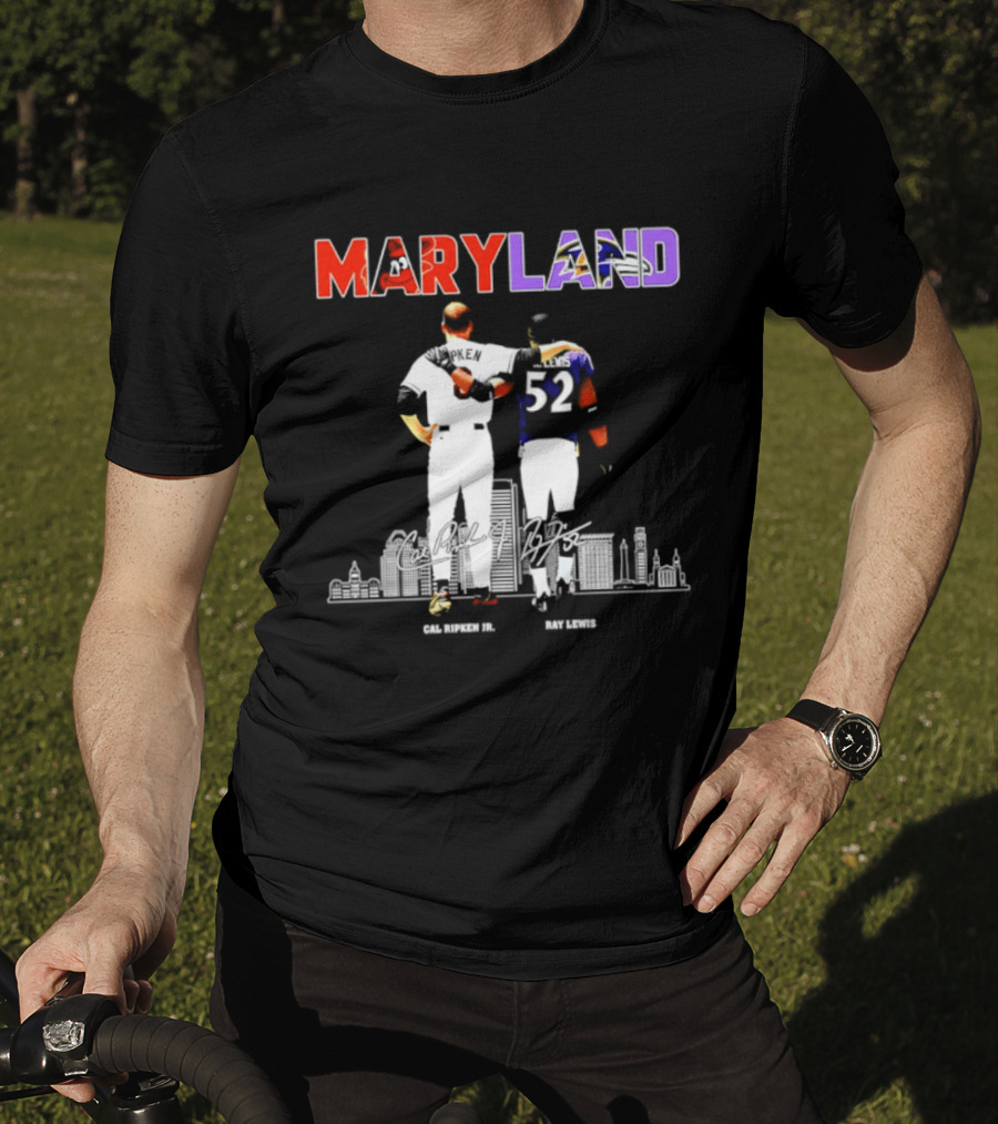 Maryland Cal Ripken Jr 8 Baltimore Orioles Ray Lewis 52 Baltimore Ravens Skyline T-Shirt