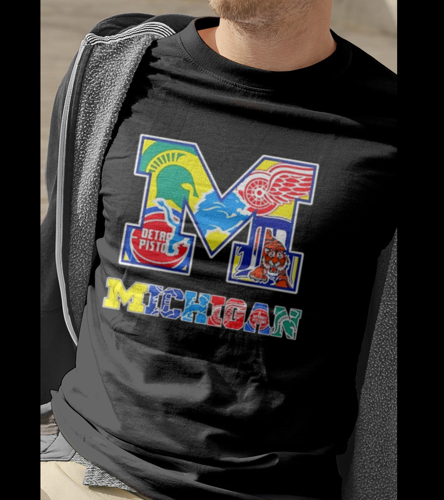 Michigan Detroit Pistons Red Wings Tigers Lions Wolverines Icons M T-Shirt