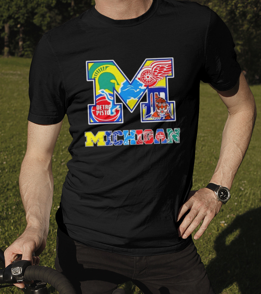 Michigan Detroit Pistons Red Wings Tigers Lions Wolverines Icons M T-Shirt