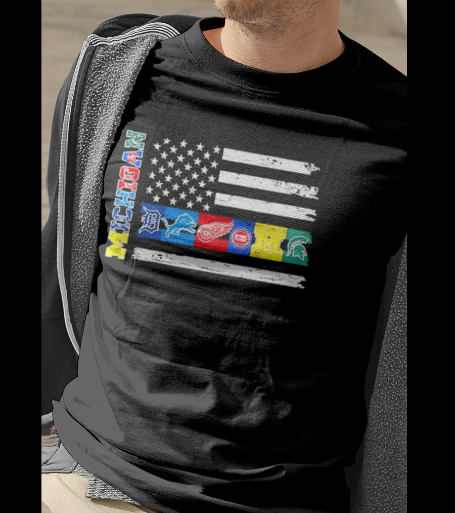 Michigan Detroit Tigers Lions Red Wings Pistons Wolverines Spartans Flag Sports Team Pride T-Shirt