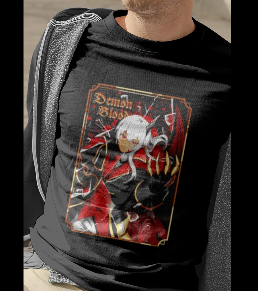 Demon Blood Anime Fantasy Dark Character Design With White Hair And Red Accents T-Shirt