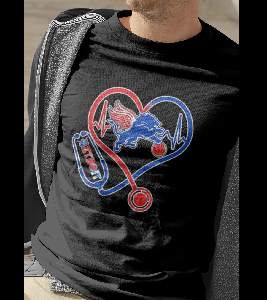 Detroit Heartbeat Stethoscope Lion Playing Basketball T-Shirt