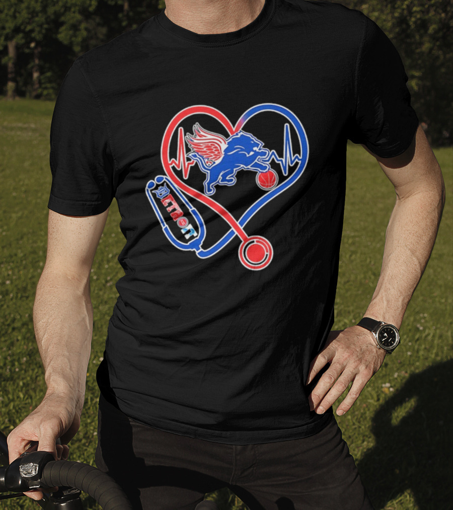 Detroit Heartbeat Stethoscope Lion Playing Basketball T-Shirt
