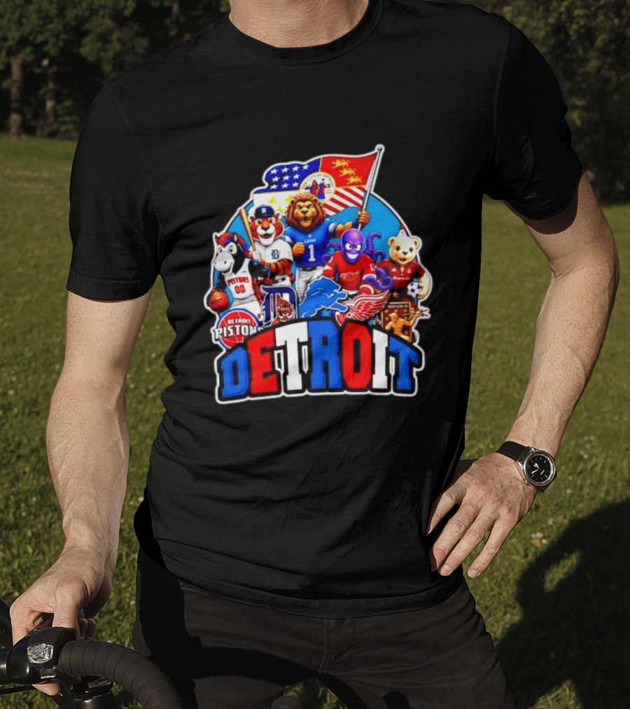 Detroit Lions Tigers Pistons Red Wings Mascots With Flag T-Shirt