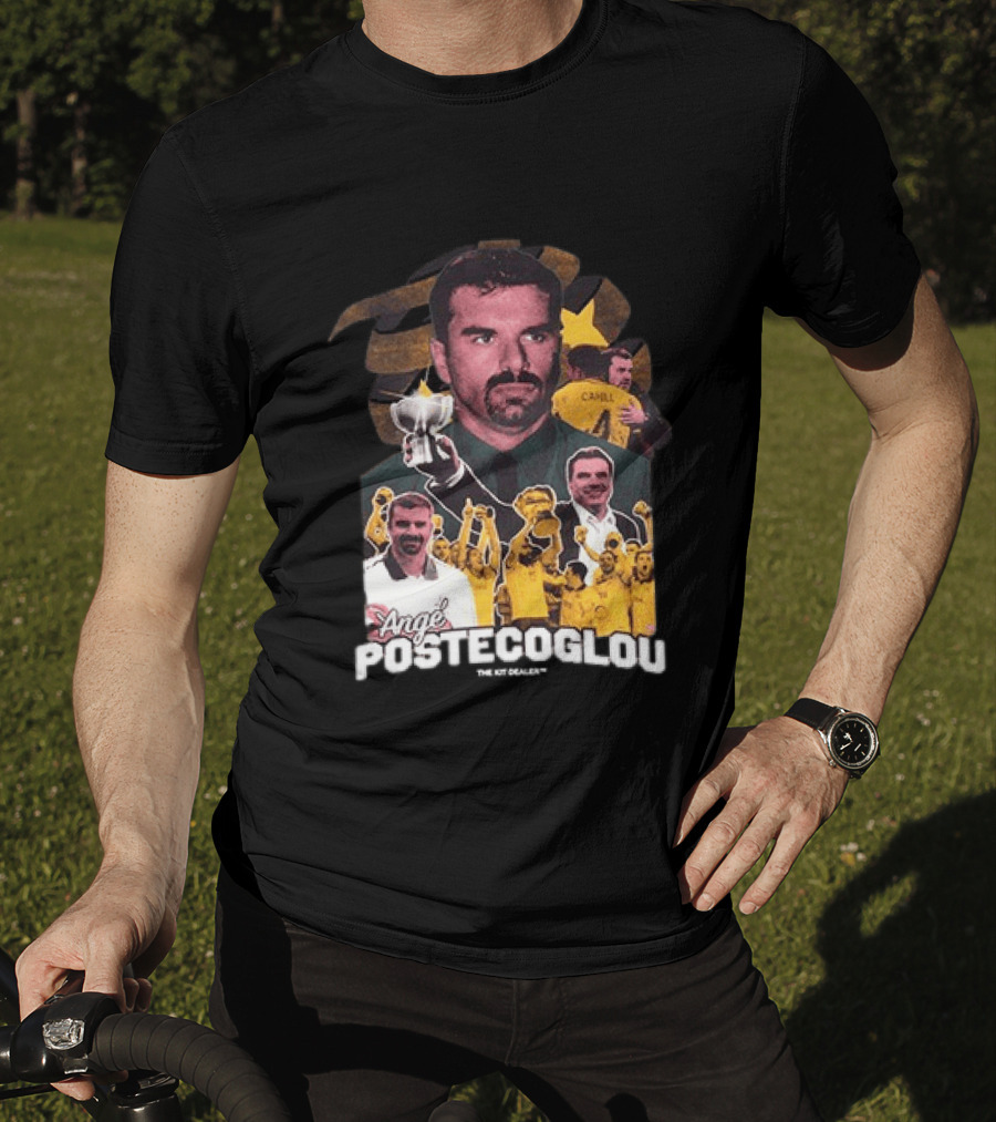 Ange Postecoglou Celebratory Moments With Trophy And Team T-Shirt