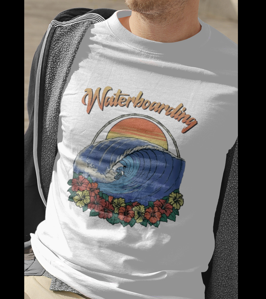 Waterboarding Surfing Tropical Hibiscus Flower Sunset Wave T-Shirt