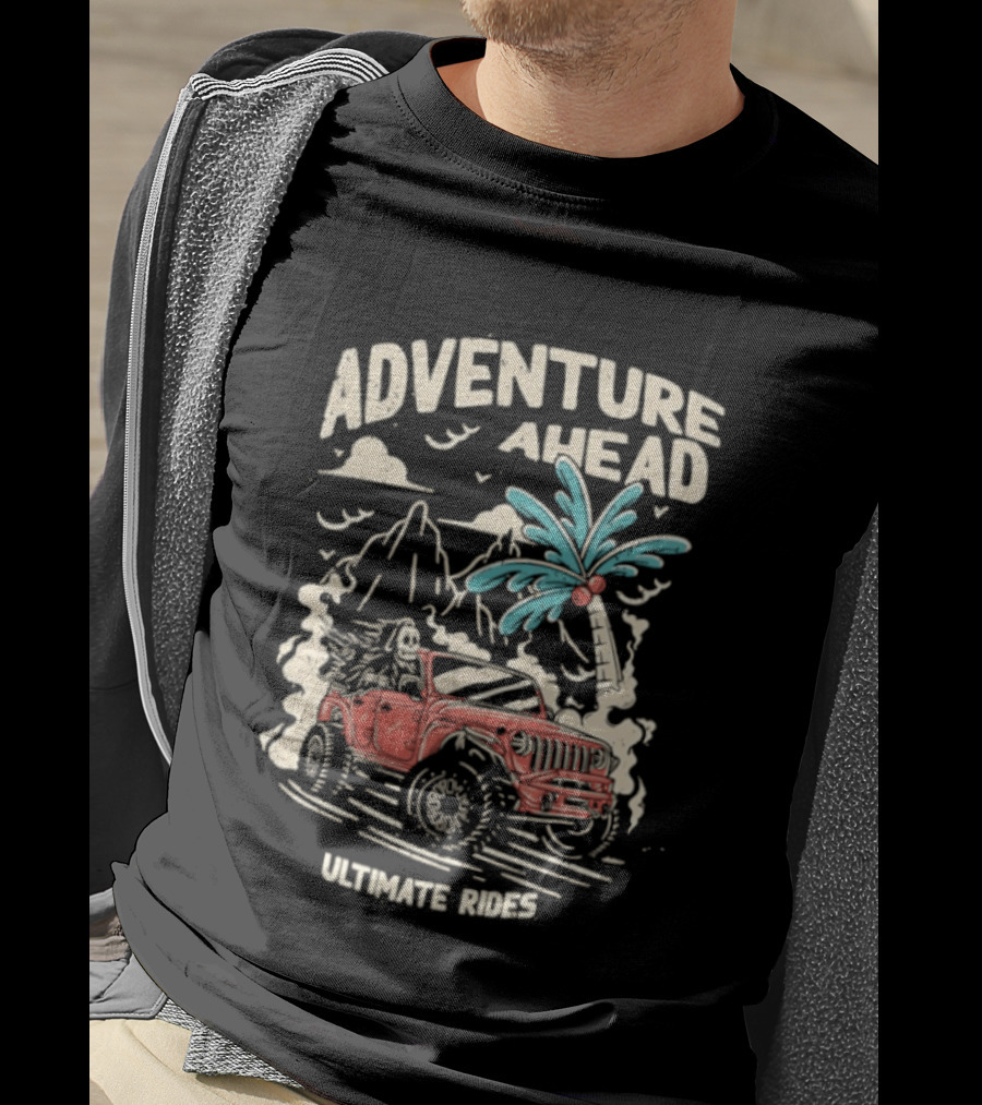 Adventure Ahead Ultimate Rides Jeep Beach Palm Trees Mountain T-Shirt