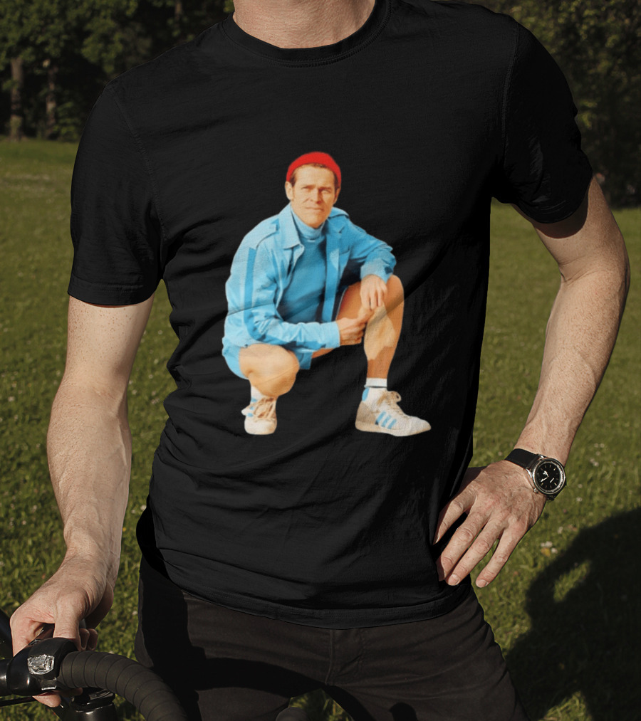 Klaus Willem Dafoe Retro Style With Red Beanie And Blue Tracksuit T-Shirt