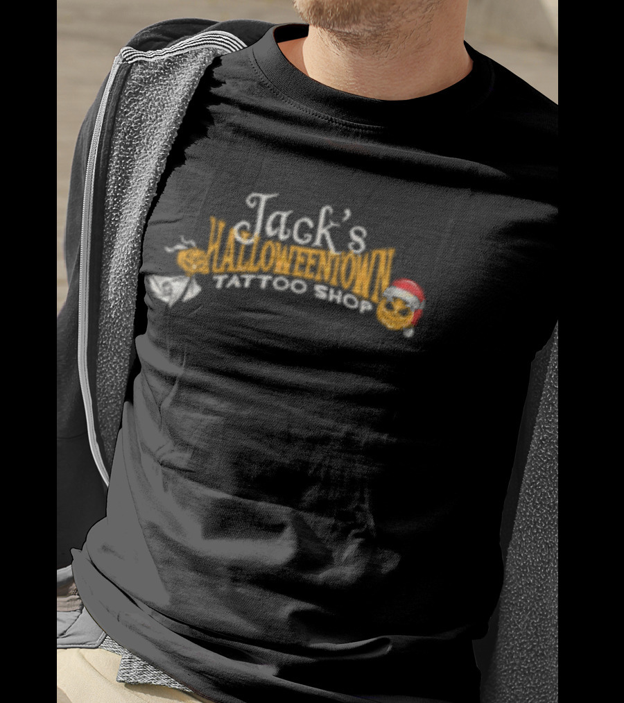 Lostbrostradingco Jack's Halloweentown Tattoo Shop Christmas Santa Hat T-Shirt
