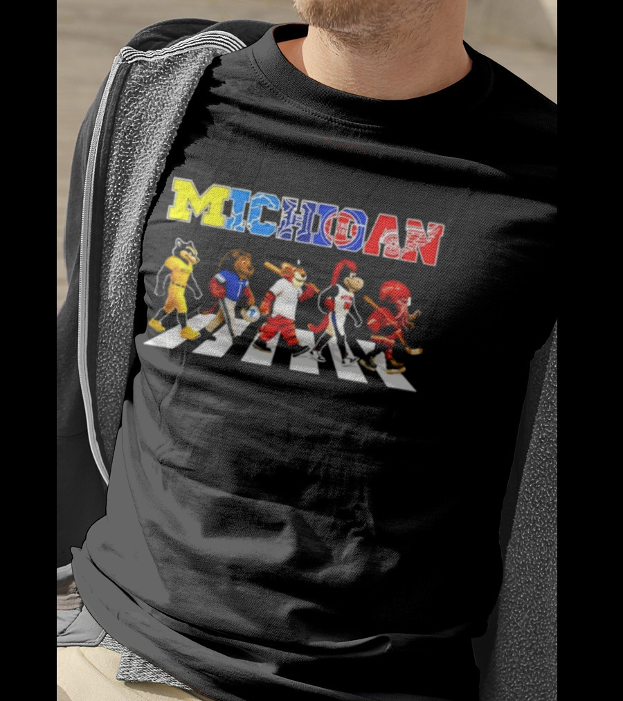 Michigan Sports Mascots Abbey Road Detroit Lions Pistons Tigers Red Wings Wolverine T-Shirt