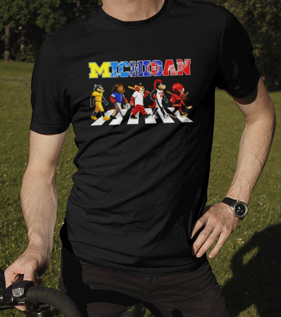 Michigan Sports Mascots Abbey Road Detroit Lions Pistons Tigers Red Wings Wolverine T-Shirt