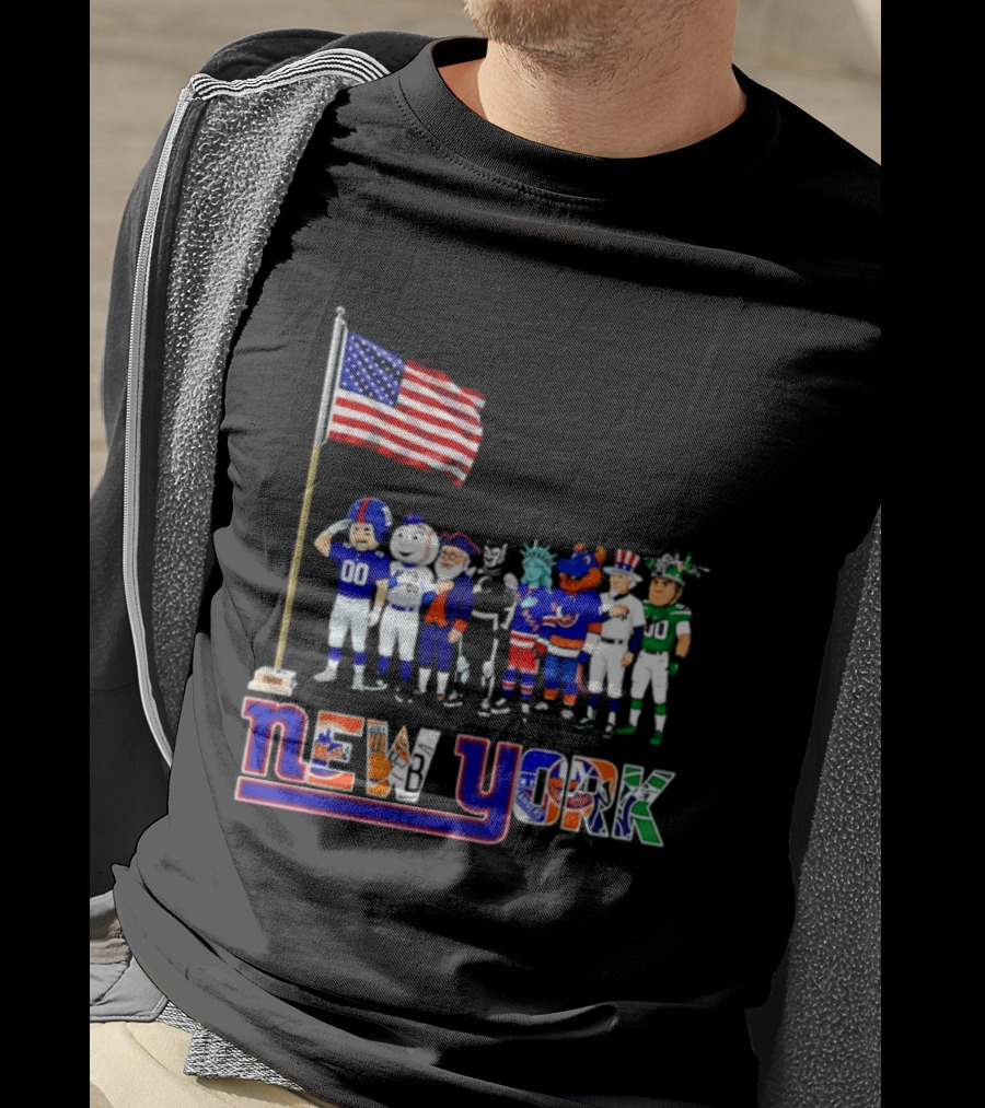 New York Sports Teams Mascots American Flag Giants Yankees Mets Rangers Knicks Jets T-Shirt