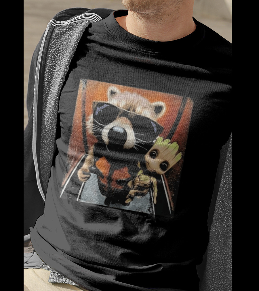 John Bates Raccoon And Baby Tree Alien With Sunglasses And Orange Suit T-Shirt