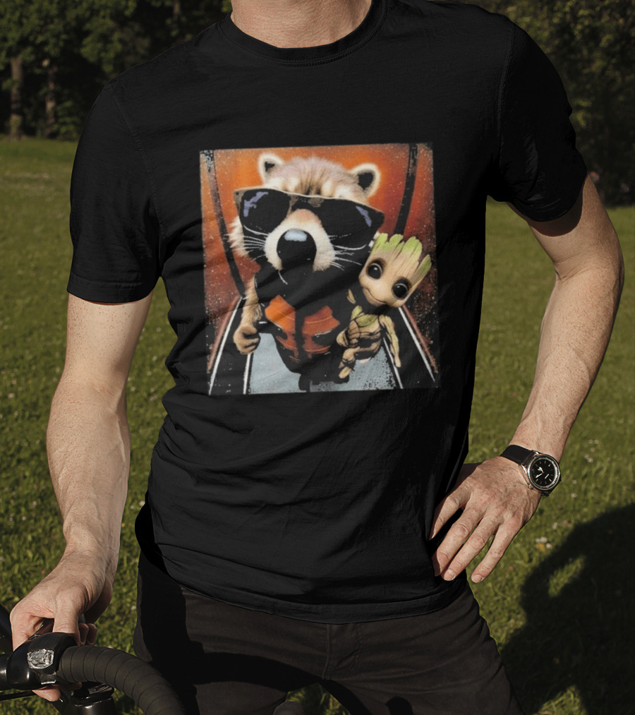John Bates Raccoon And Baby Tree Alien With Sunglasses And Orange Suit T-Shirt