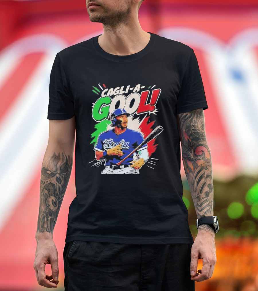 Cagli A Gool Italia Baseball Player Hitter With Italian Flag T-Shirt