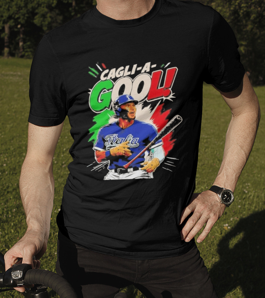 Cagli A Gool Italia Baseball Player Hitter With Italian Flag T-Shirt